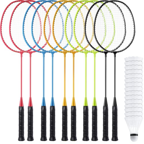 Woanger 10 Packs Badminton Rackets Set with 15 Shuttlecocks Badminton Racquets for Adult and Lightweight Teenagers Shuttlecock Set for Backyard Gym Beach Outdoor Games(Fashion Colors)