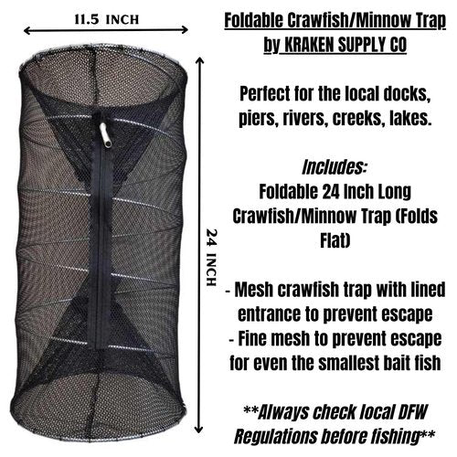 KRAKEN SUPPLY CO 2 Pack Fishing Bait Trap Crawfish Trap Minnow Trap 24in Large Folding Collapsible Heavy Duty Crawdads Bait Fish Traps Cast Net Shrimp Lobster (2 Traps)
