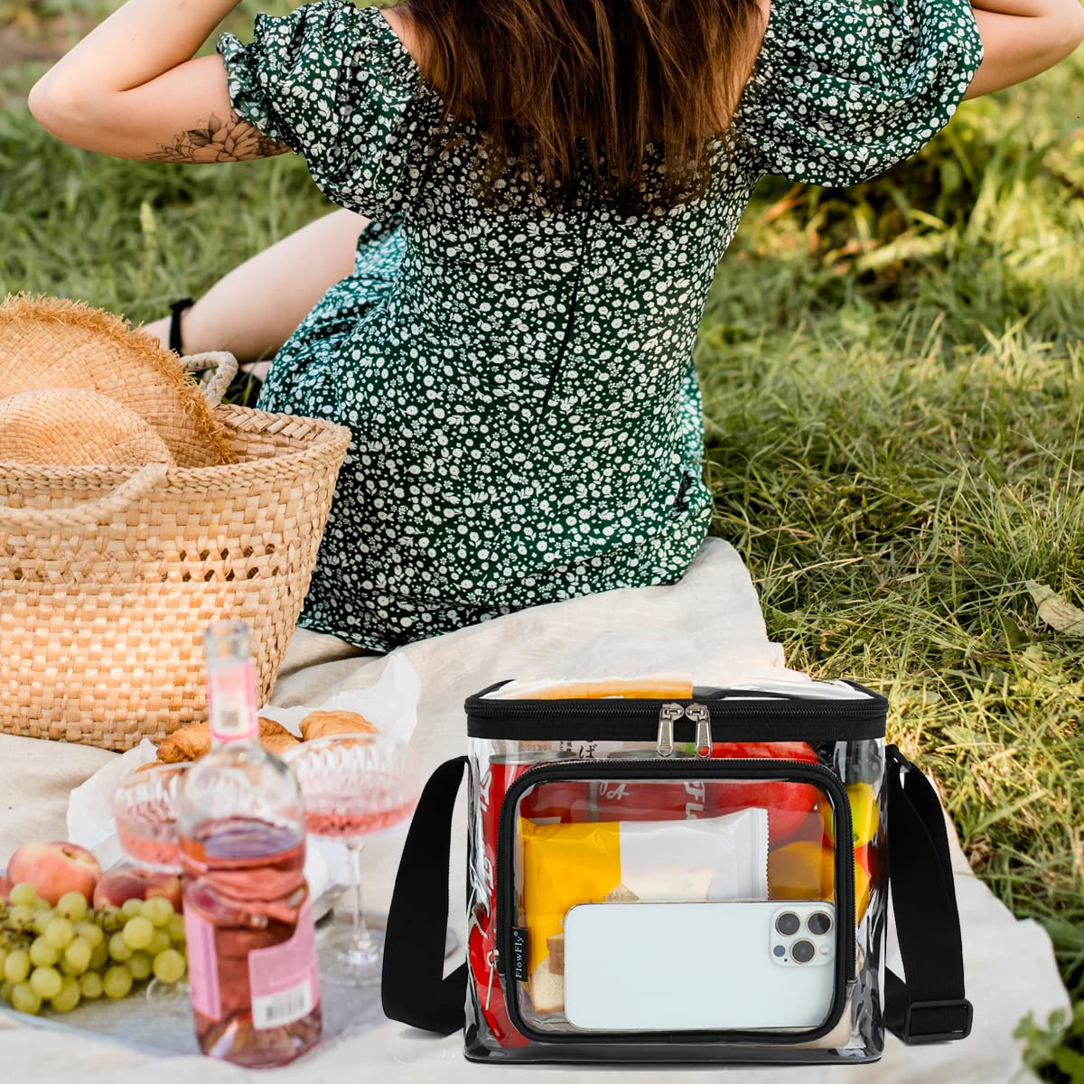 FlowFly Insulated Reusable Lunch Bag Adult Large Lunch Box for Women and Men with Adjustable Shoulder Strap,Front Zipper Pocket and Dual Large Mesh Side Pockets, Clear