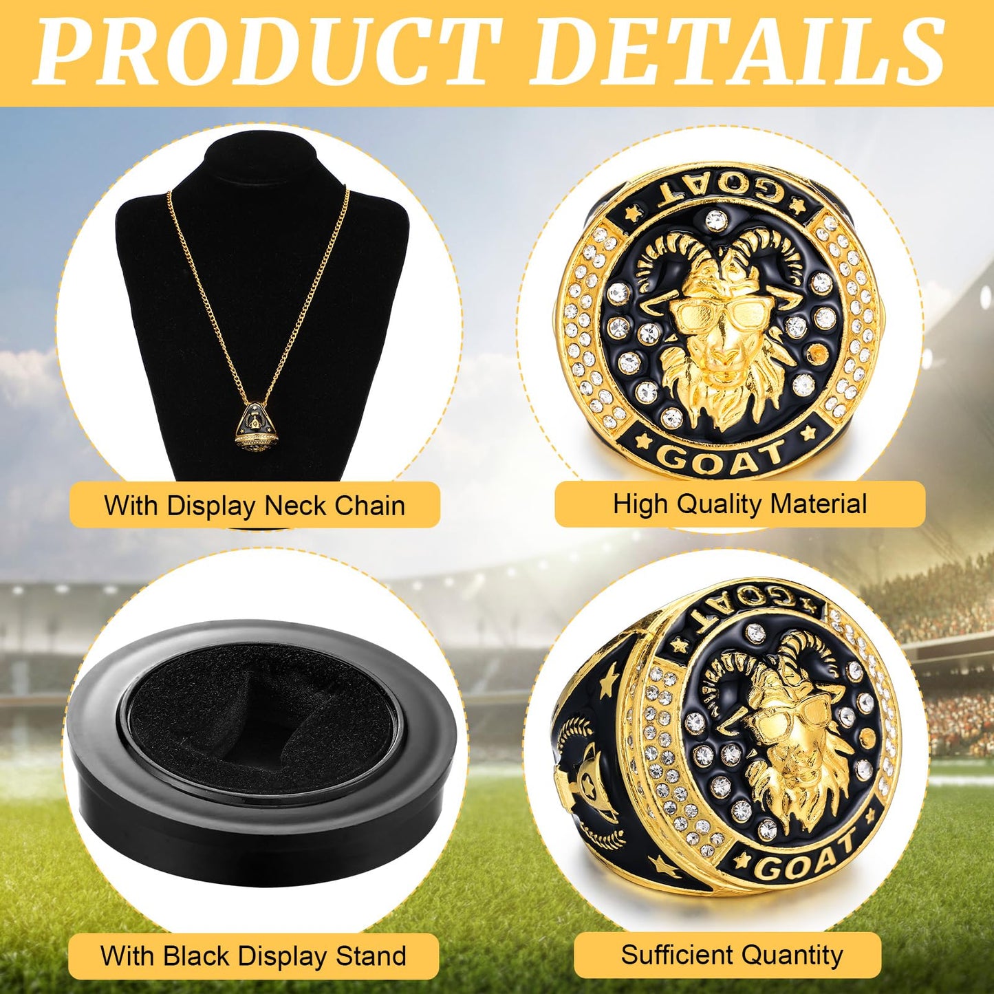 Highergo 1 Pc Goat Championship Trophy Ring with Display Neck Chain and Stand Goat Medal Award Gift for Tournament or League Champion Winner Sports Award (Glasses)
