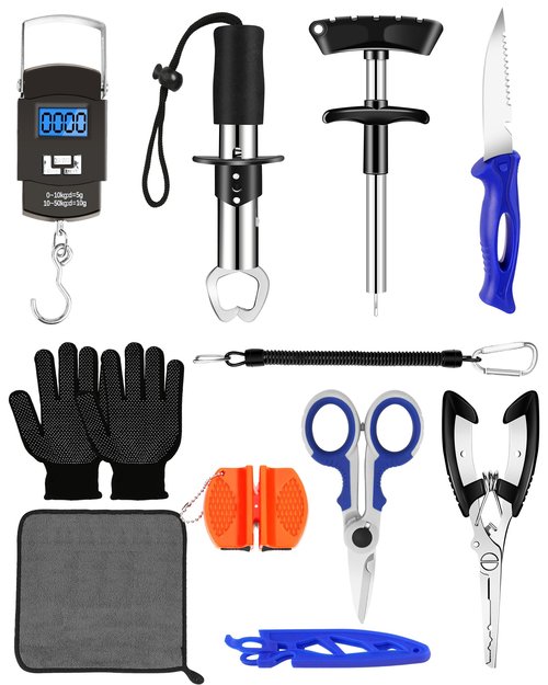 AOFUXTI Fishing Tool Kit - Fishing Pliers, Hook Remover, Fish Gripper，Fish Scale, Fish Knife, Saltwater Fishing Gear with Sharpeners, Best Gifts for Men (Orange with Scale)