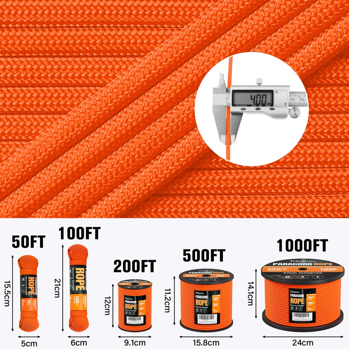 Paracord Rope 550 lb - 100ft 5/32" Parachute Cord 4MM 7-Strand para Cord - Heavy Duty Spool String for Survival,Camping Gear, Survival Bracelet, Clothesline - Orange