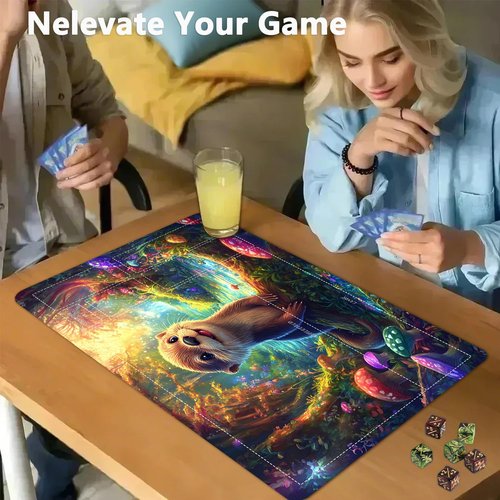 for TCG Playmat with Waterproof Storage Bag and 6 Dice, Non-Slip Rubber Base for MTG Playmat with Zones, 24 x 14 inches Trading Card Game Mat Board Game Desk Mat, Forest Cute Otter Pattern