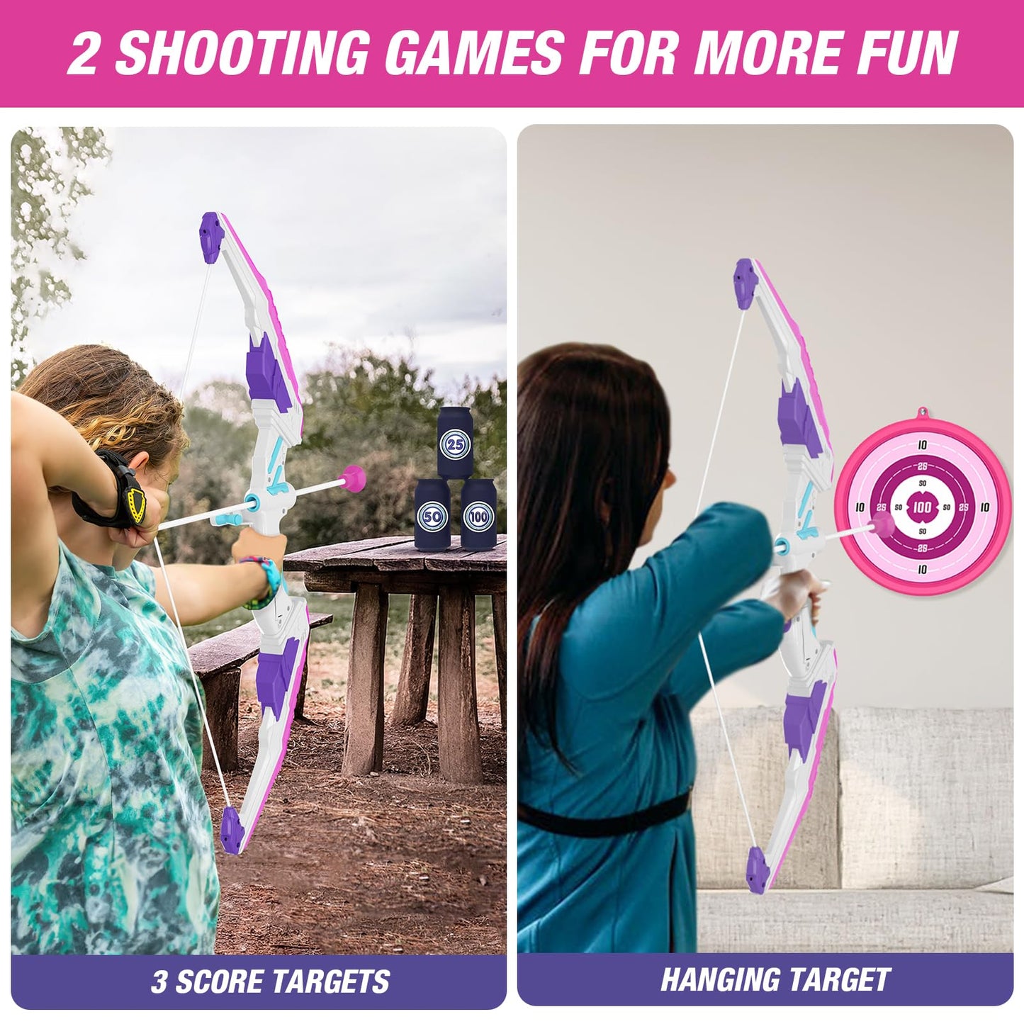 HYES Bow and Arrow for Kids, LED Light Up Archery Set with 12 Suction Cup Arrows, 1 Hanging Target, 3 Score Targets & 1 Quiver, Indoor Outdoor Sport for Boys Girls Ages 4-12, Purple