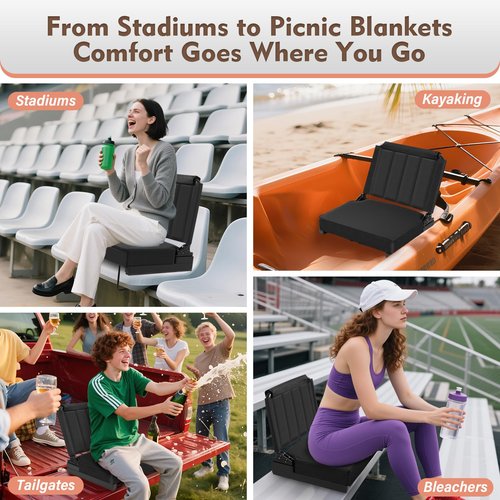 Strifuture Stadium Seats with Back Support - 180°Adjustable Backrest Stadium Seat with Steel Hook & Non - Slip Base, 600D Waterproof Oxford Cloth Stadium Chair, Foldable & Portable for Sports Events