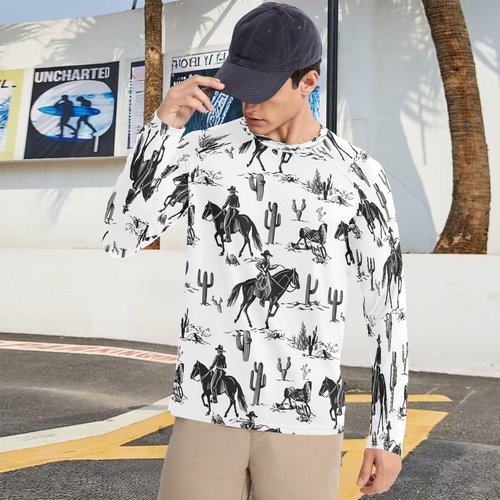 Bulletgxll Cowboys Riding Horses Men's Sun Protection Shirts UPF 50+ Long Sleeve UV Rash Guard Quick Dry Swim Shirts