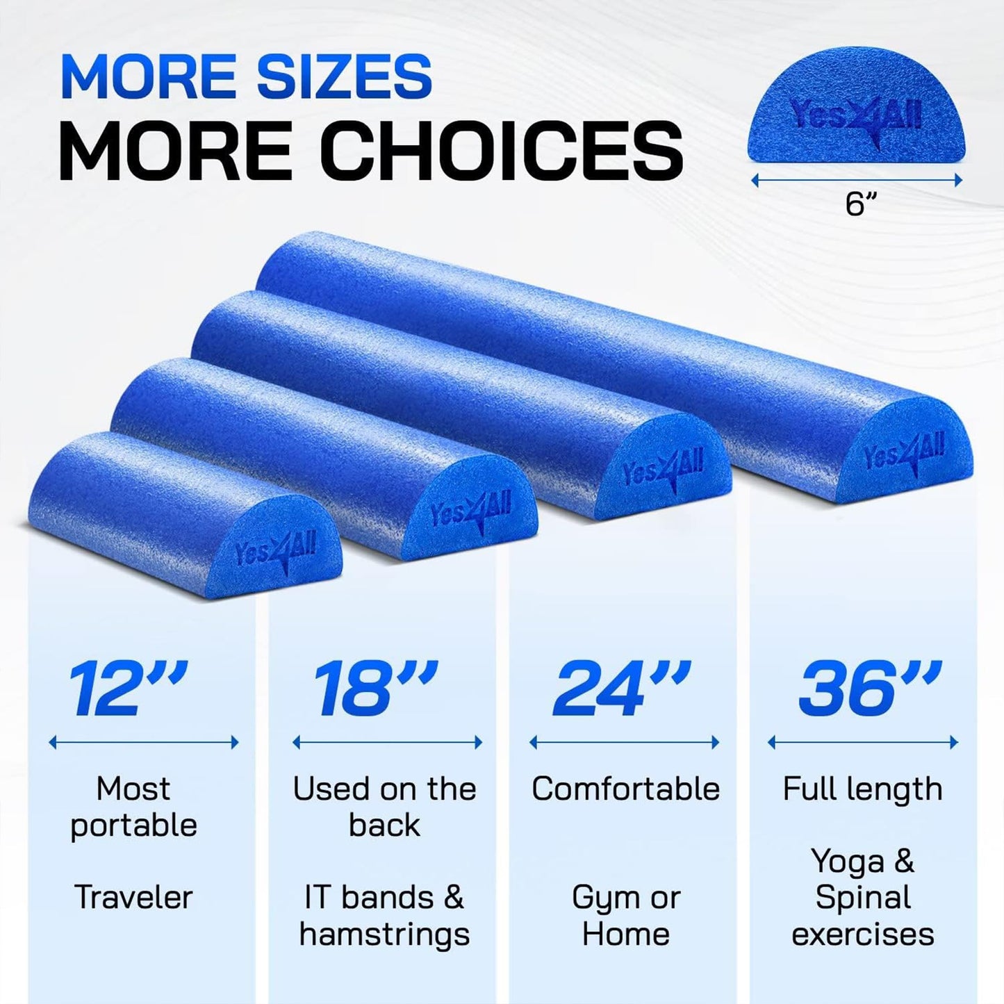Yes4All Medium Firm Half Foam Rollers for Post-Workout Relaxation, 12/18/24/36 inch PE Foam Roll for Back Massage & Yoga Exercise