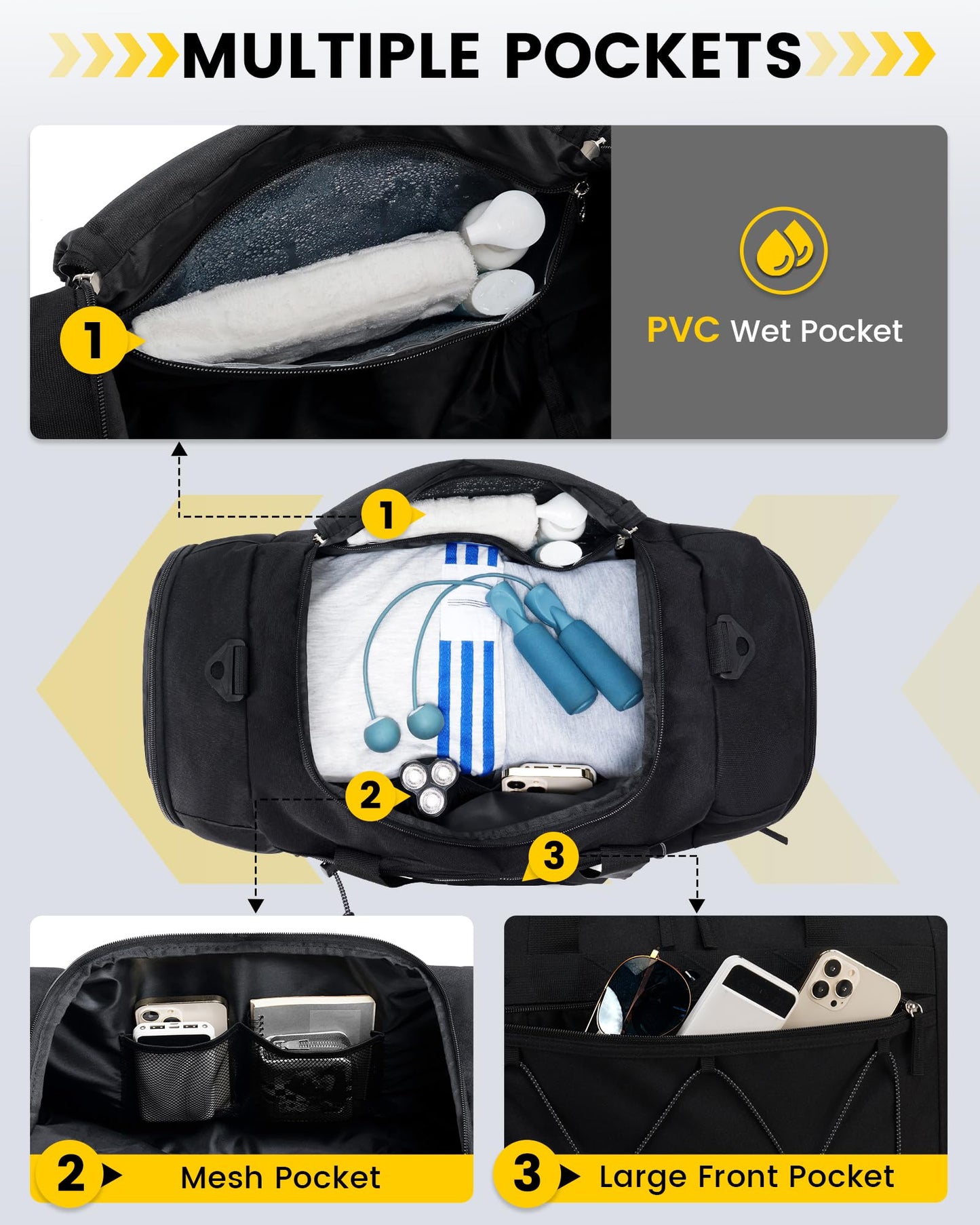 Vorspack Gym Bag for Men - 21 Inches Duffle Bag for Travel Water-resistant Travel Bag with Shoe Compartment Wet Pocket Duffel Bag for Gym Sports Travel Weekender Overnight - Black
