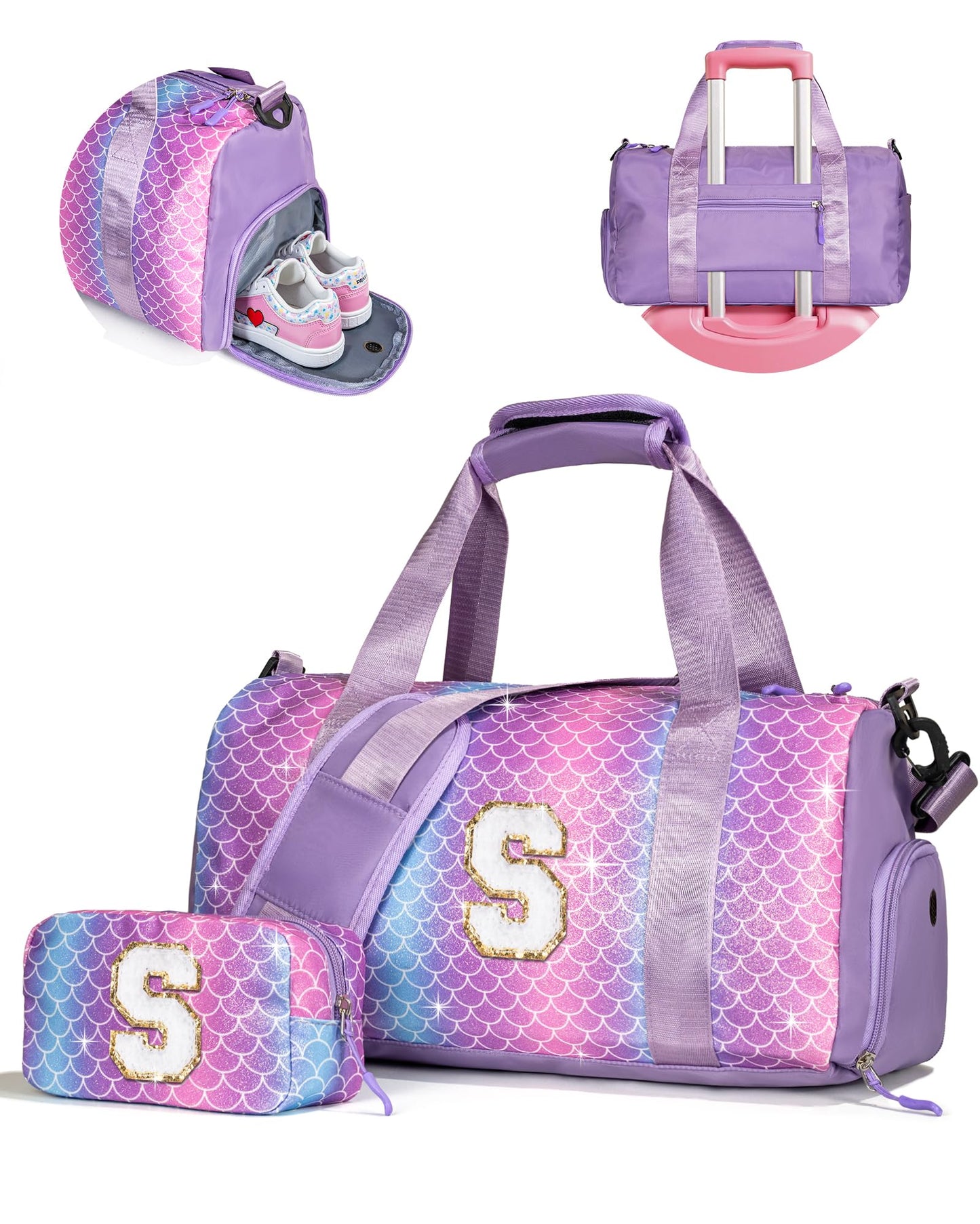 Vogewood Cute Preppy Gifts for Girls-Girl Gym Bag with Shoe Compartment, Kid Personalized Weekender Overnight Bags, Initial Travel Tote with Makeup Pouch, Daughter In Law Gift (Letter D)