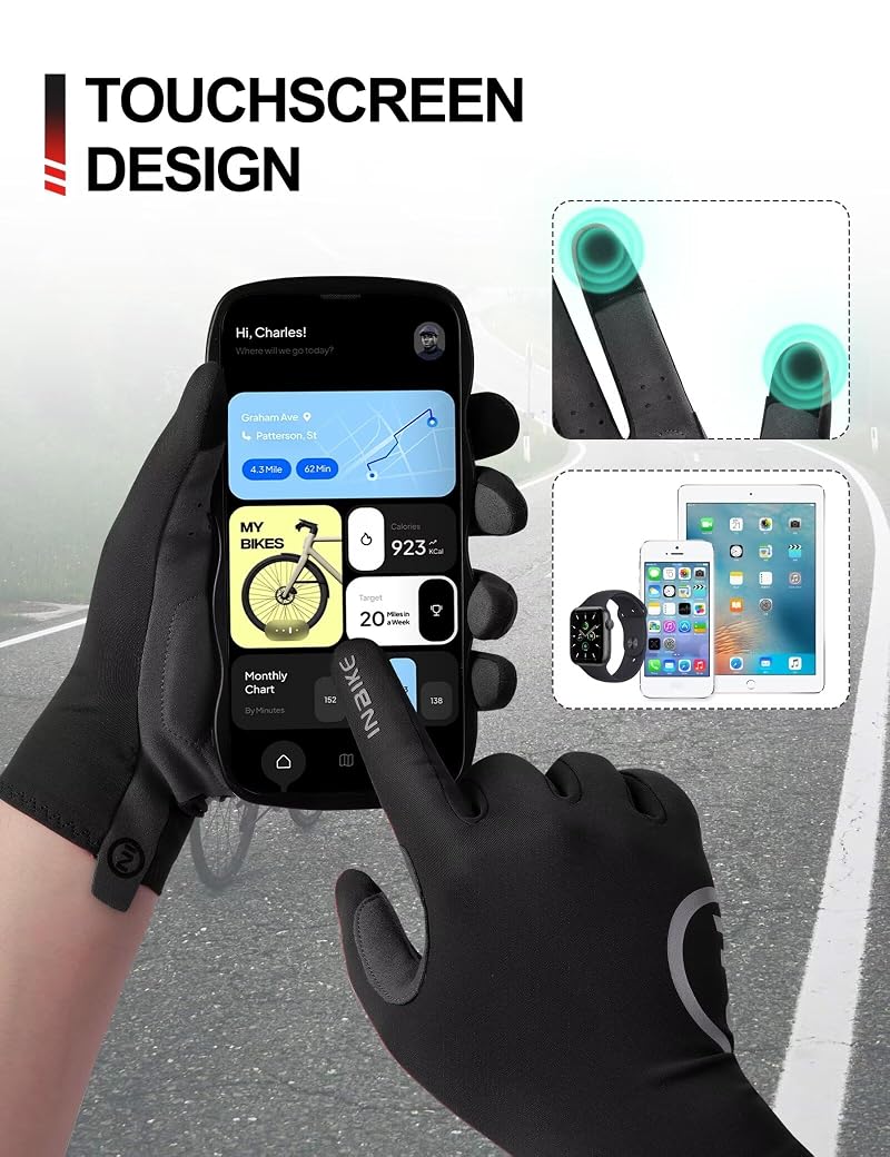 Full-Finger Cycling Gloves with Touchscreen, Reflective Backing - INBIKE Black Large