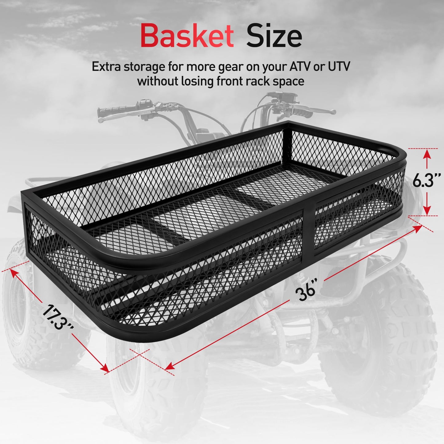 JY PERFORMANCE ATV Front Cargo Basket, Heavy Duty ATV Racks and Baskets for Camping, Fishing, Beach Side, Hiking, 36" L x 17.3" W x 6.3" H