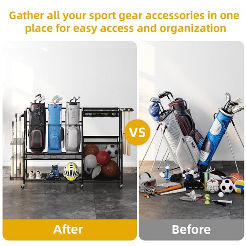 DWVO Sports Equipment Organizer, 3 Golf Bags Storage Stand with Wheels, Sport Gear Accessories Rack and Ball Organizer Bin for Garage