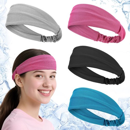 Cooling Headbands for Men Women - 4Pcs Highly Elastic Quick Chilly Workout Sweat Band, Comfortable Moisture Wicking Hairband for Summer Outdoor Running Cycling Work (Black Gray Sky Blue Rose Red)