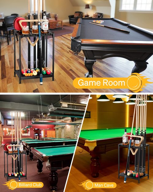 EXTCCT Billiards Pool Stick Holder - Pool Cue Rack Floor Stand & Ping Pong Paddle Holder Hardwood Pool Cue Holder for 12 Cues Sticks Pool Table Accessories Organizer (Black)