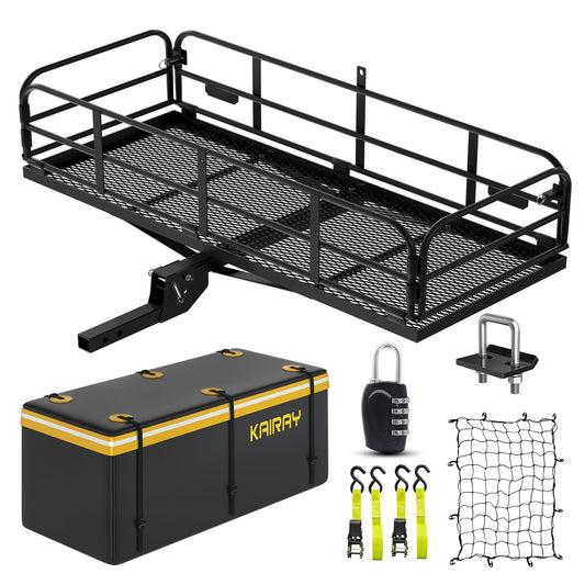 KAIRAY 500 Lbs Heavy Duty Hitch Mount Cargo Carrier 60"x24"x14.4" Folding Rear Luggage Rack Basket Fits 2" Receiver for Car SUV Camping Traveling with Stablizer Waterproof Bag Net Ratchet Straps Lock