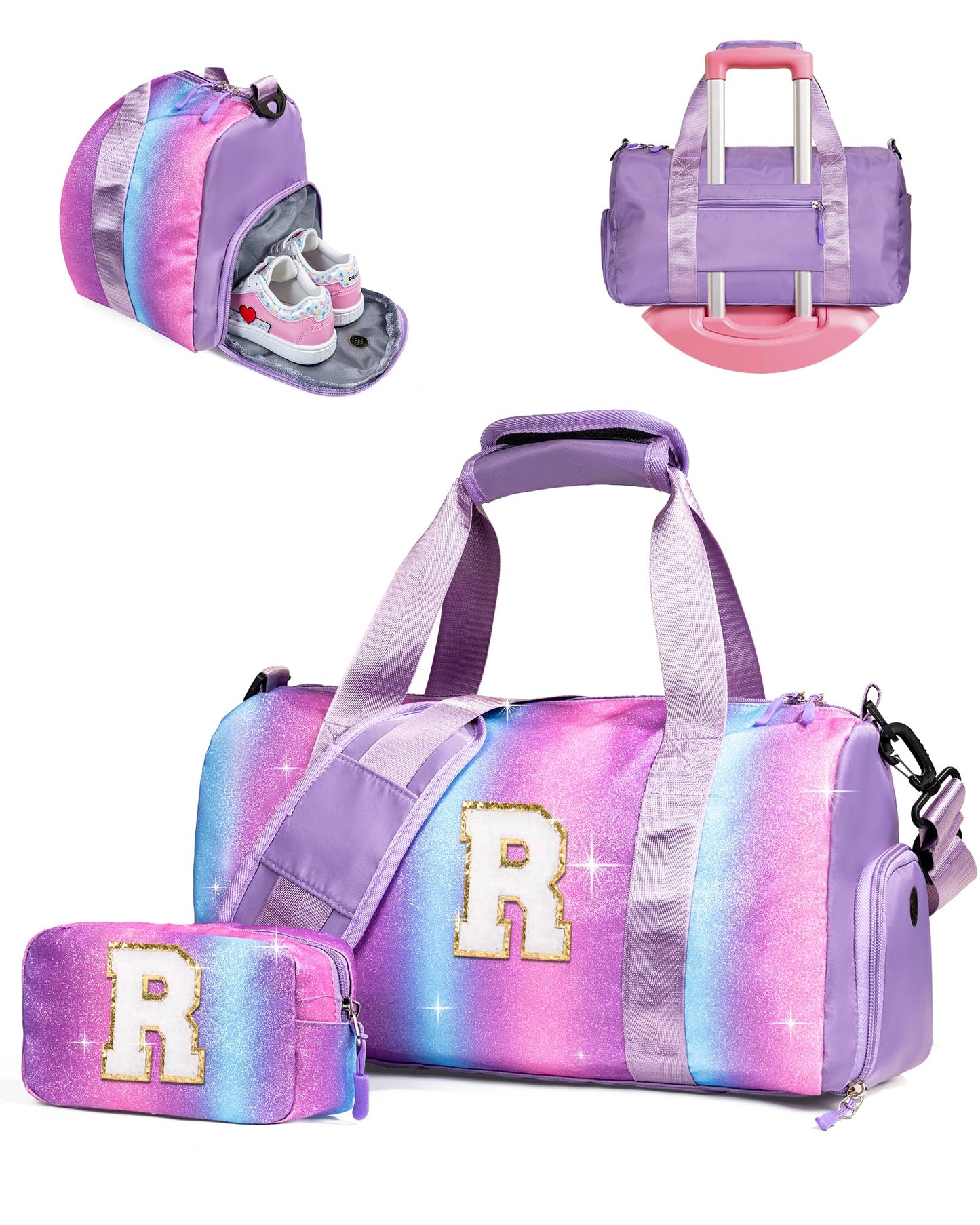 Vogewood Girls Trip Gifts for Kids-Girl Gym Bag with Shoe Compartment, Kid Personalized Weekender Overnight Bags, Initial Travel Tote with Makeup Pouch, Valentines Day Gift for Girls (Letter R)