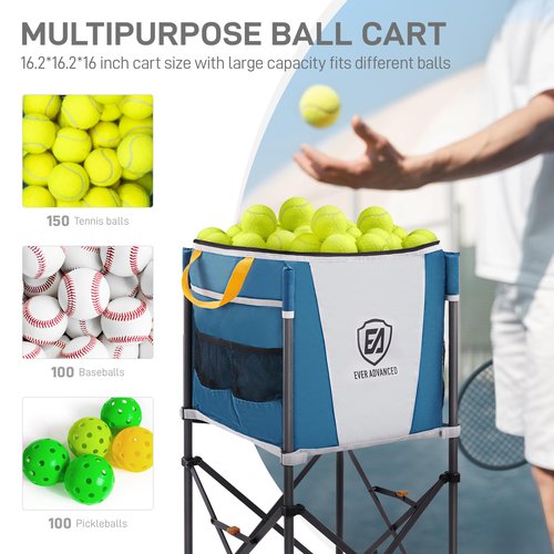 EVER ADVANCED 150 Tennis Capacity Ball Hopper Rolling Ball Cart with Side Pockets, 16.2 x 16.2in Folding Pickleball Basket with Wheels, Sports Equipment Organizer for Baseball Training/Practice, Blue