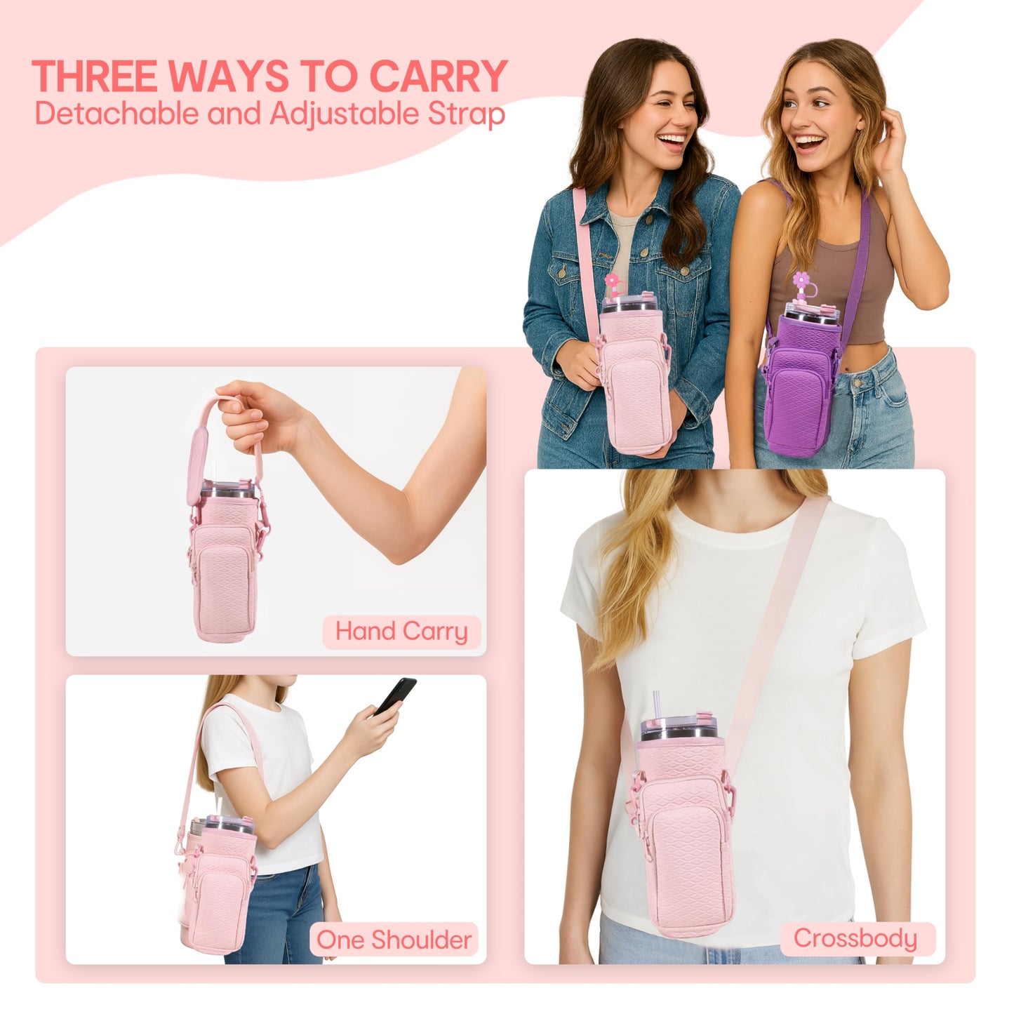 &And Per Se Water Bottle Shoulder Bag for Women, Neoprene Carrier with Phone Pocket & Pink Charm, Adjustable Crossbody Strap Fits Stanley 30oz Tumblers, Gift for Her (Pink)