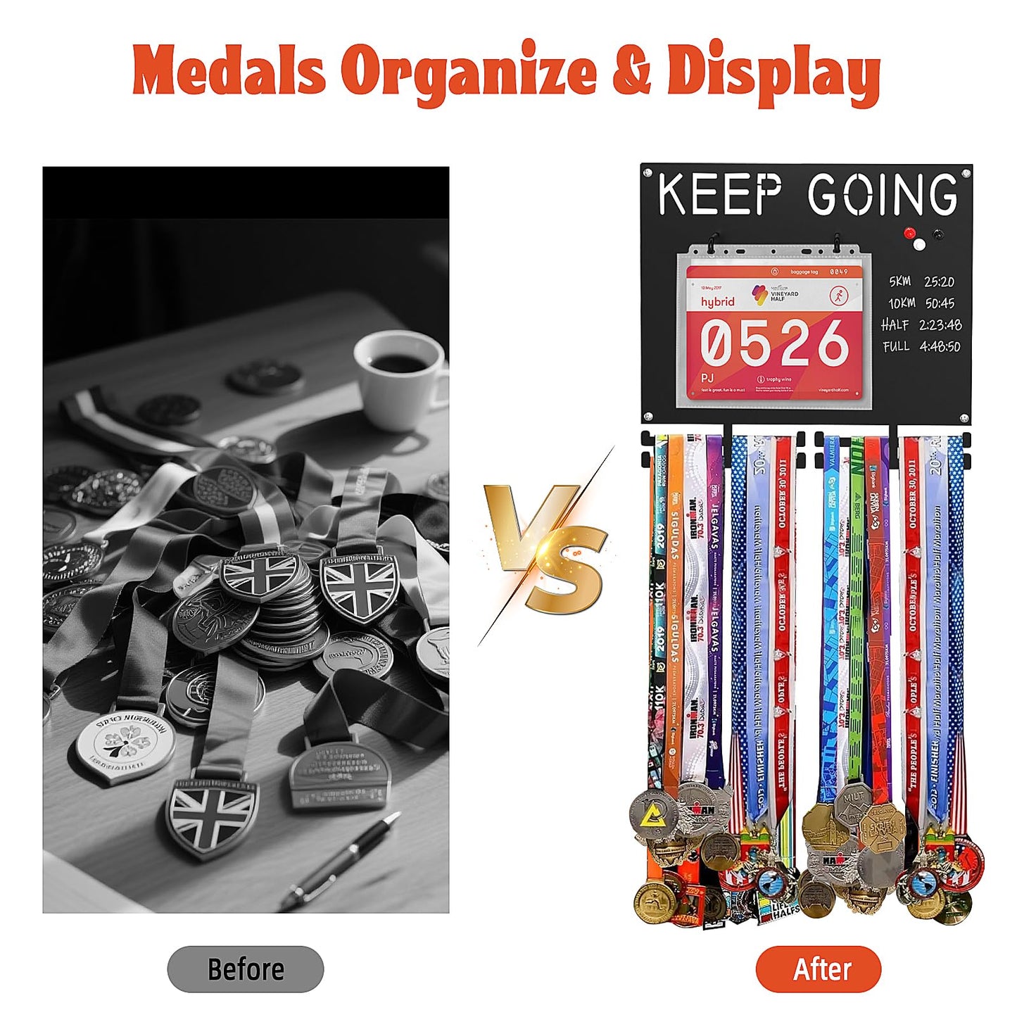 Puretalon Race Medal Display Heavy Duty Iron Bib and Medal Display for Runners Holds 50+ Medals & Race Bibs Marathon Medal Holder Wall Hanger Includes 10 Bib Storage Bags 1 Washable Marker 3 Magnets