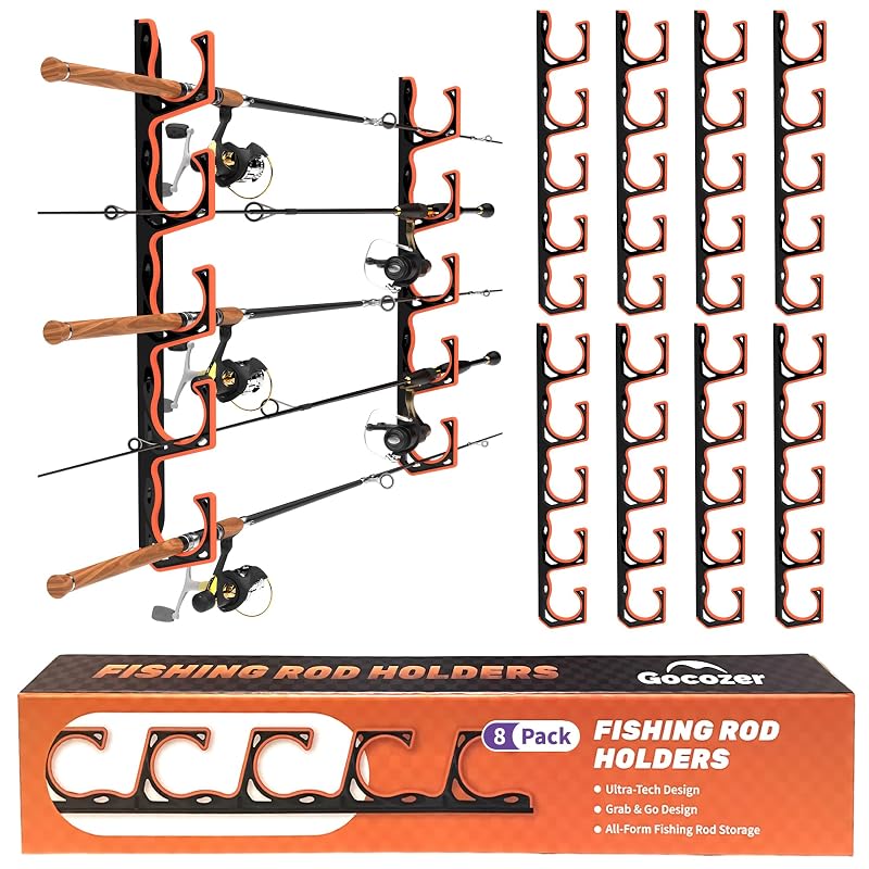 Gocozer 8‑Pack Fishing Rod Holder, Wall/C ceiling Mount with TPU Soft Pad – Holds 5 Rods, ABS Storage Organizer (Black 8Pack)