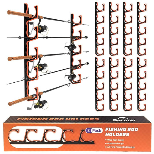 Gocozer 8‑Pack Fishing Rod Holder, Wall/C ceiling Mount with TPU Soft Pad – Holds 5 Rods, ABS Storage Organizer (Black 8Pack)