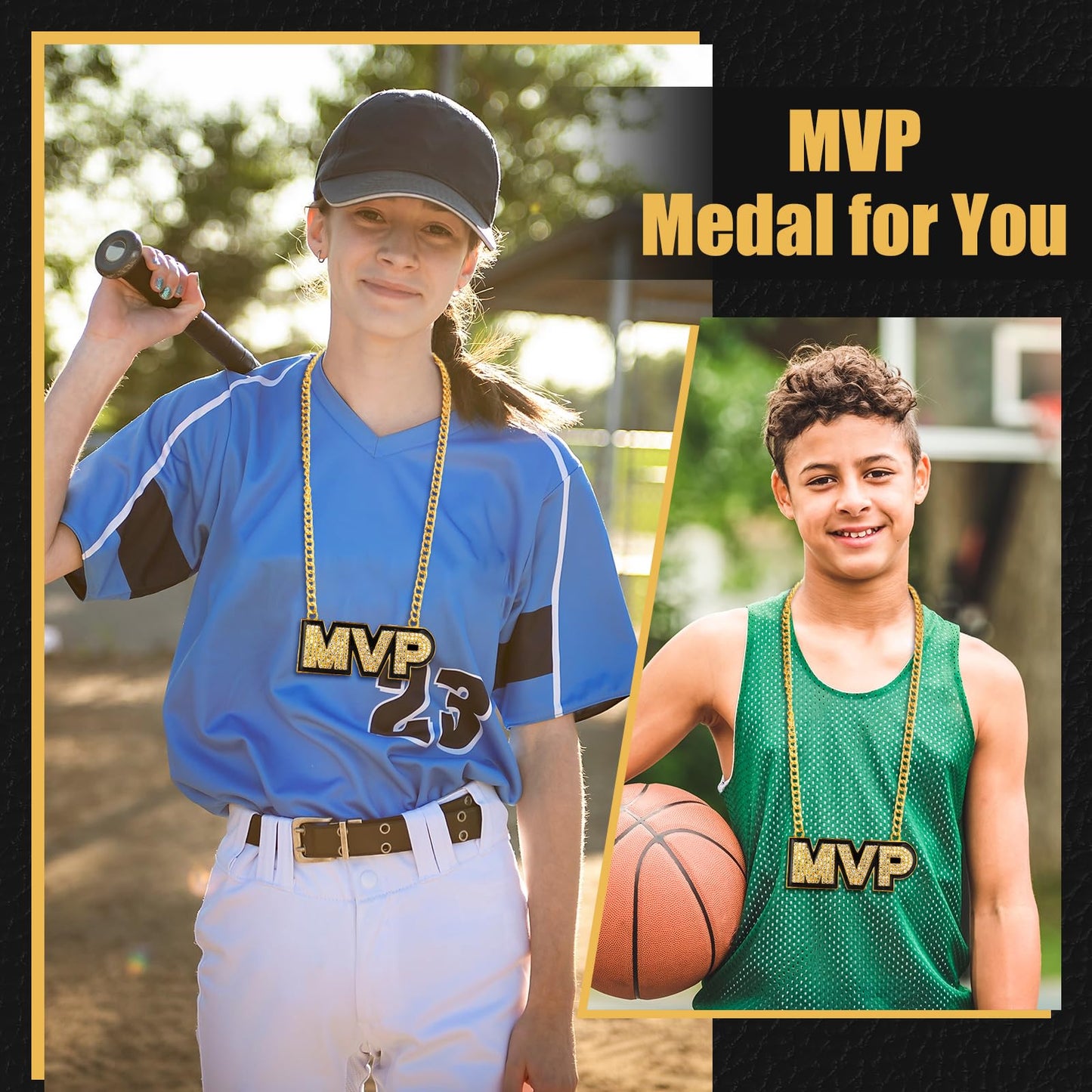 Loetere 2 Pcs MVP Chains Gold Champion Award Winner Prize Trophy Most Valuable Player Award Necklace for Adults Team Player Sports Football Soccer Baseball Softball Game Party Favor