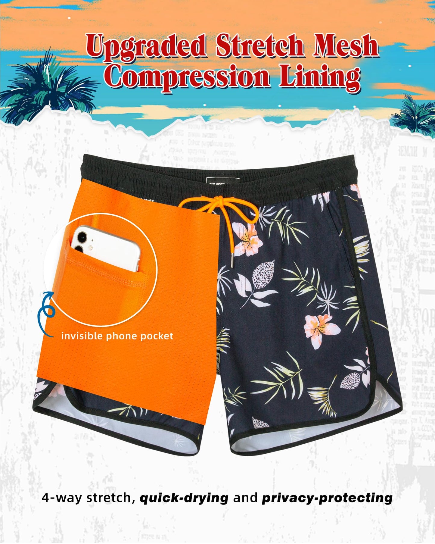 SURF CUZ Mens Swim Trunks with Compression Liner 5" Swimming Trunks 5 Inch Retro Swim Shorts with Zipper Pockets,Daybreak,M