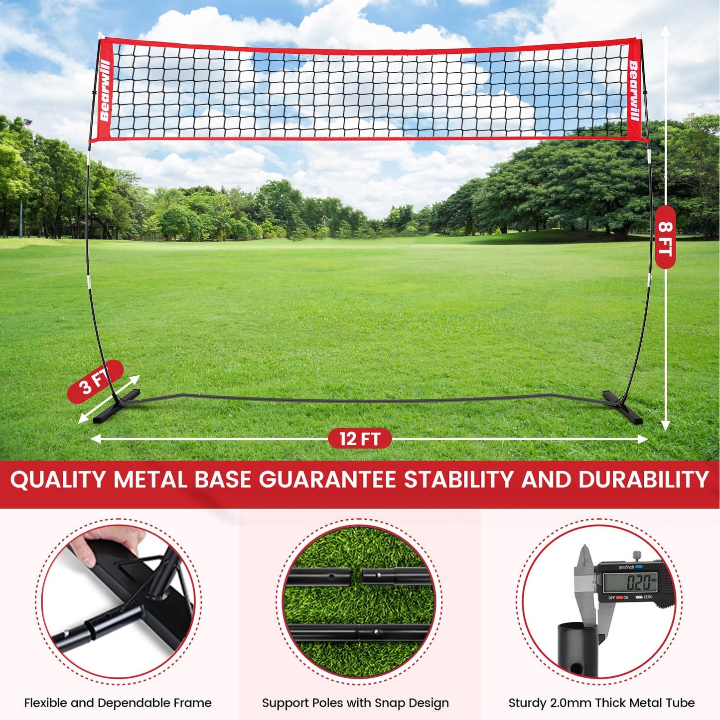 Bearwill Volleyball Net, 12FT Portable Volleyball Net for Backyard, Freestanding Volley Ball Set Height Adjustable with Carry Bag, Volley Ball Practice Nets Training Equipment for Indoor and Outdoor