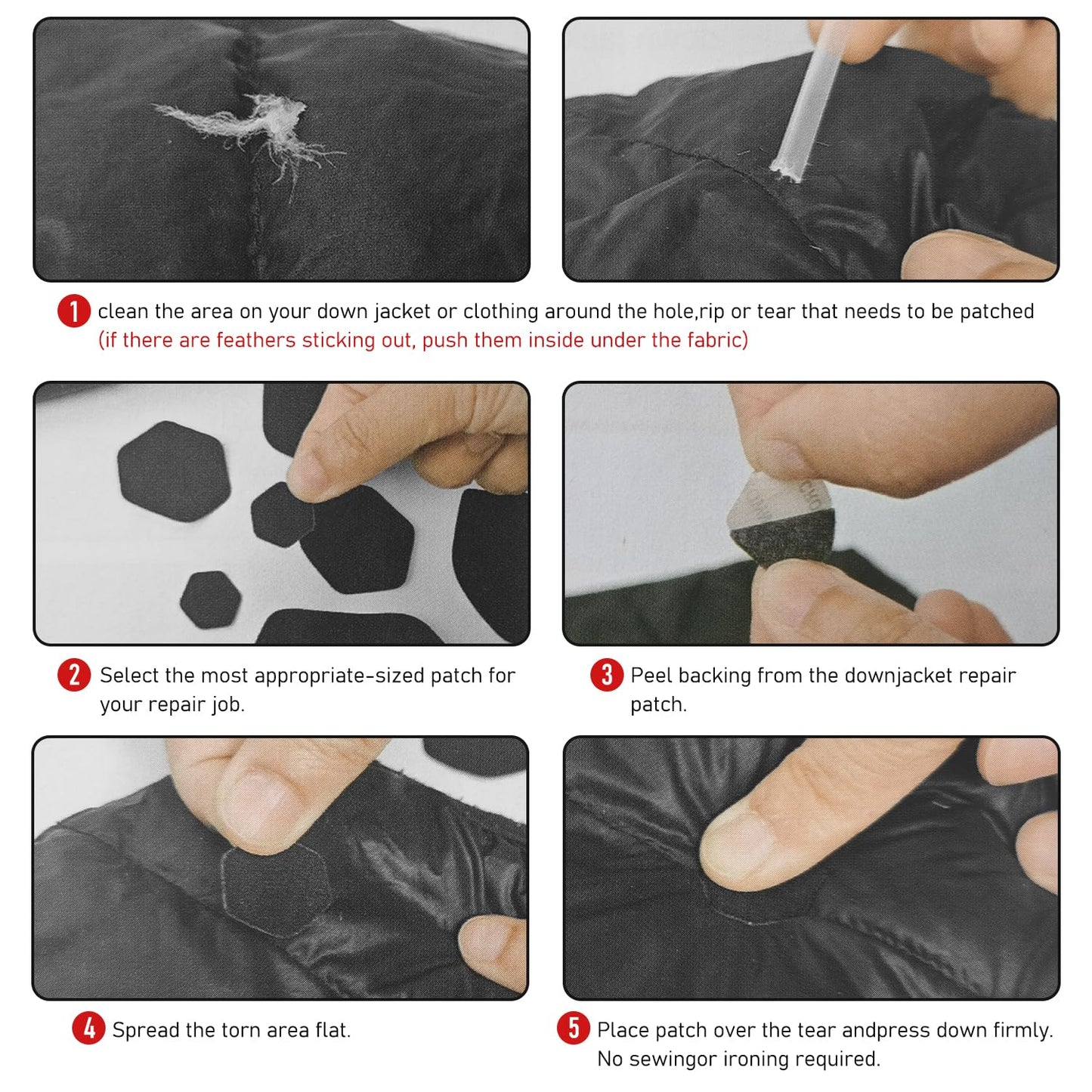 ZESION 16 Pcs Down Jacket Repair Patches - Highly Effective Repair of Nylon Fabric, Waterproof Self-Adhesive Repair Patch for Down Jackets, Tents, Raincoats, Outdoor Equipment (Dark Gray)