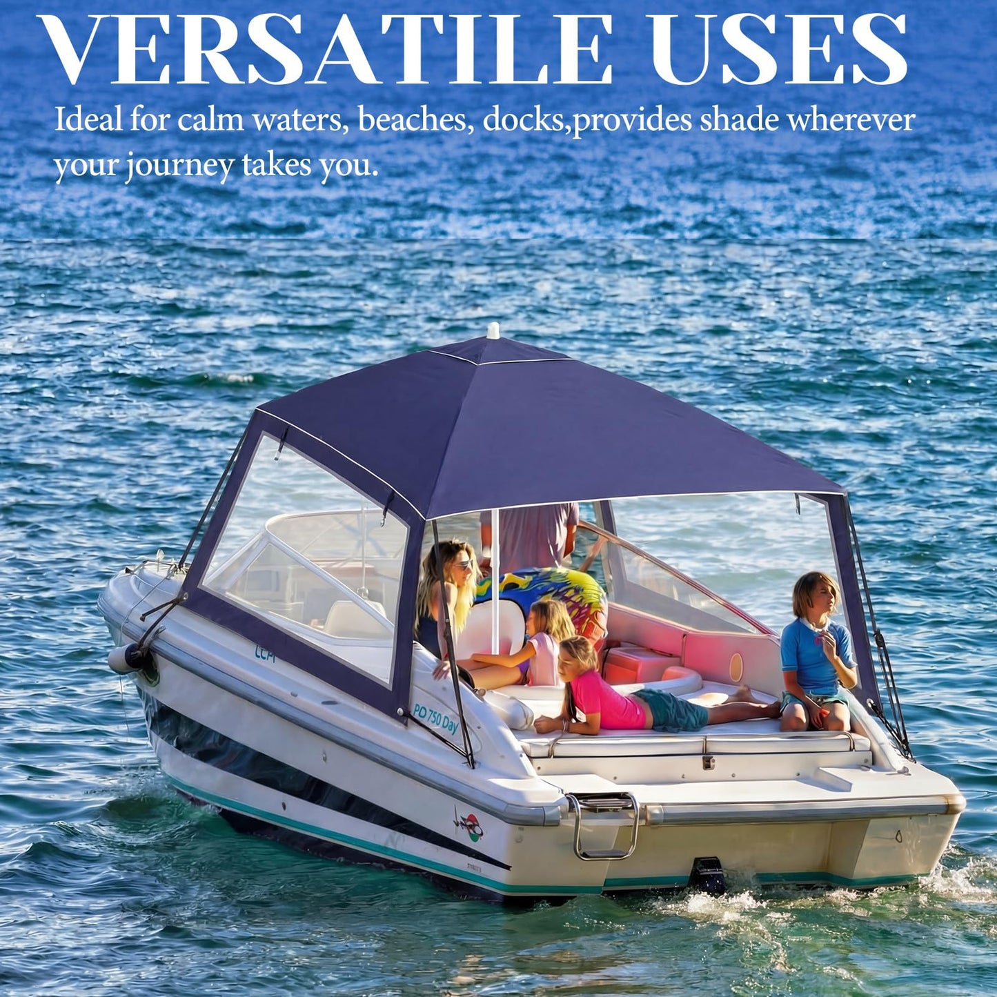 Briwooody Dark Blue Boat Umbrella Sun Shade with Sidewalls Kit 6' x 6' Boat Sun Cover Anti-Ultraviolet, Adjustable Aluminum Pole to 8 Feet with Ropes and Storage Bag Fits Most Boats and Benches