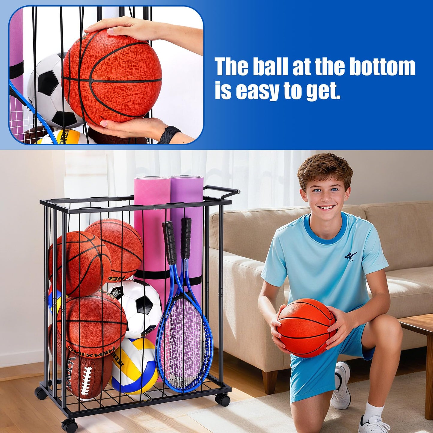 TOBWOLF Large Garage Ball Storage Rack with Wheels, Sports Equipment Organizer Rolling Ball Storage Cart, Freestanding Ball Holder with Elastic Rope for Basketball, Football, Garage, Gym