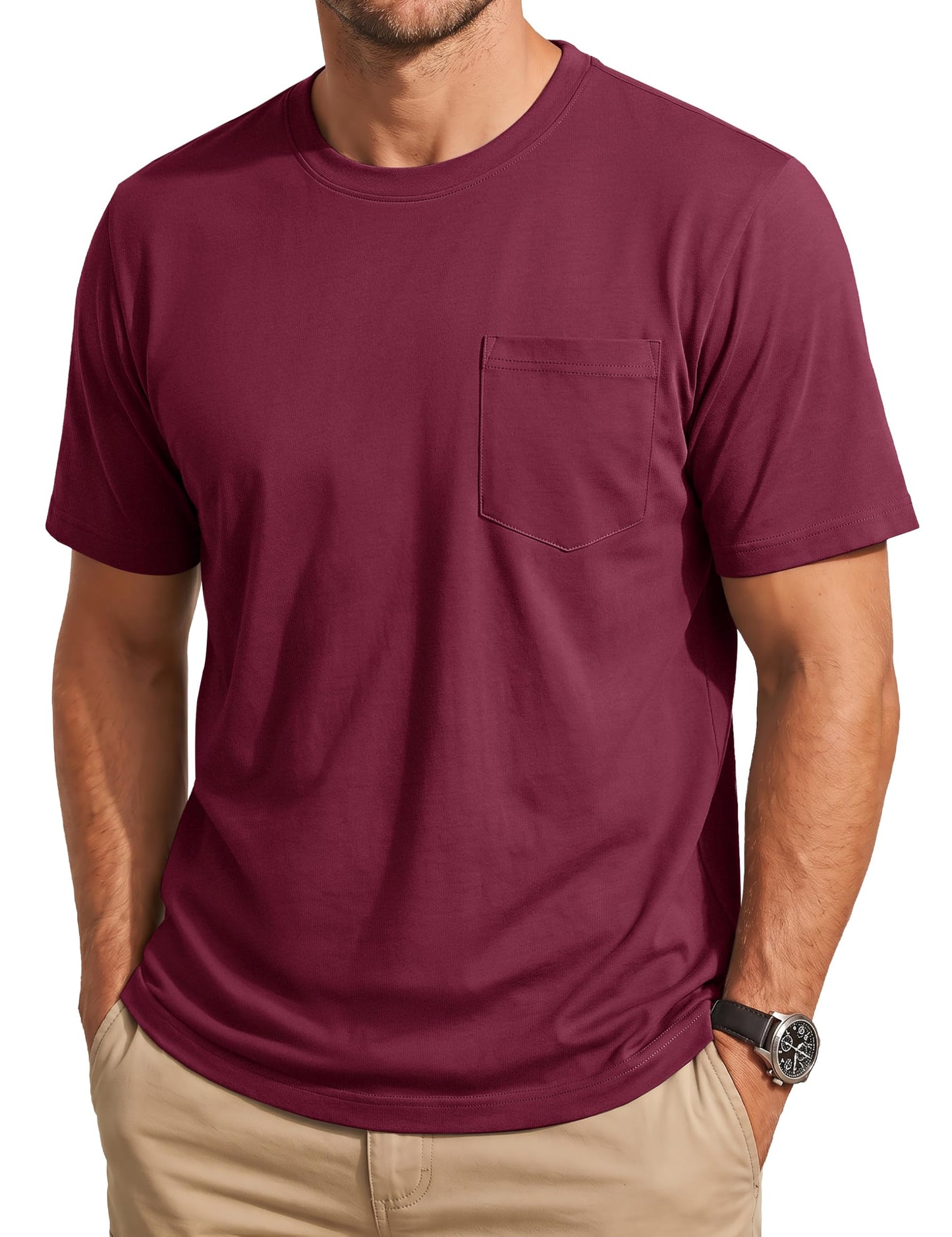 MAGNIVIT Pocket Shirt for Men Pocket Tee Cotton Tshirt Regular Fit Crew Neck T Shirt Short Sleeve Shirt Mens Pocket Tee Red L
