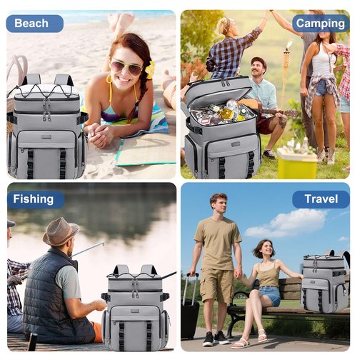 Weitars Insulated Cooler Backpack,Double Deck Waterproof Soft Cooler Bag,Backpack Coolers Leak Proof Lunch Backpack for Men Women for Travel,Camping,Picnic,Beach,Picnic,Outdoor 31L/52 Can (Gray)