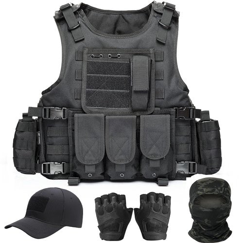 VPZenar Tactical Airsoft Vest, Black Lightweight Sports Training Plate Vest with Detachable Pouches and Cap,Gloves,Balaclava for Men, Tactical Airsoft Gear