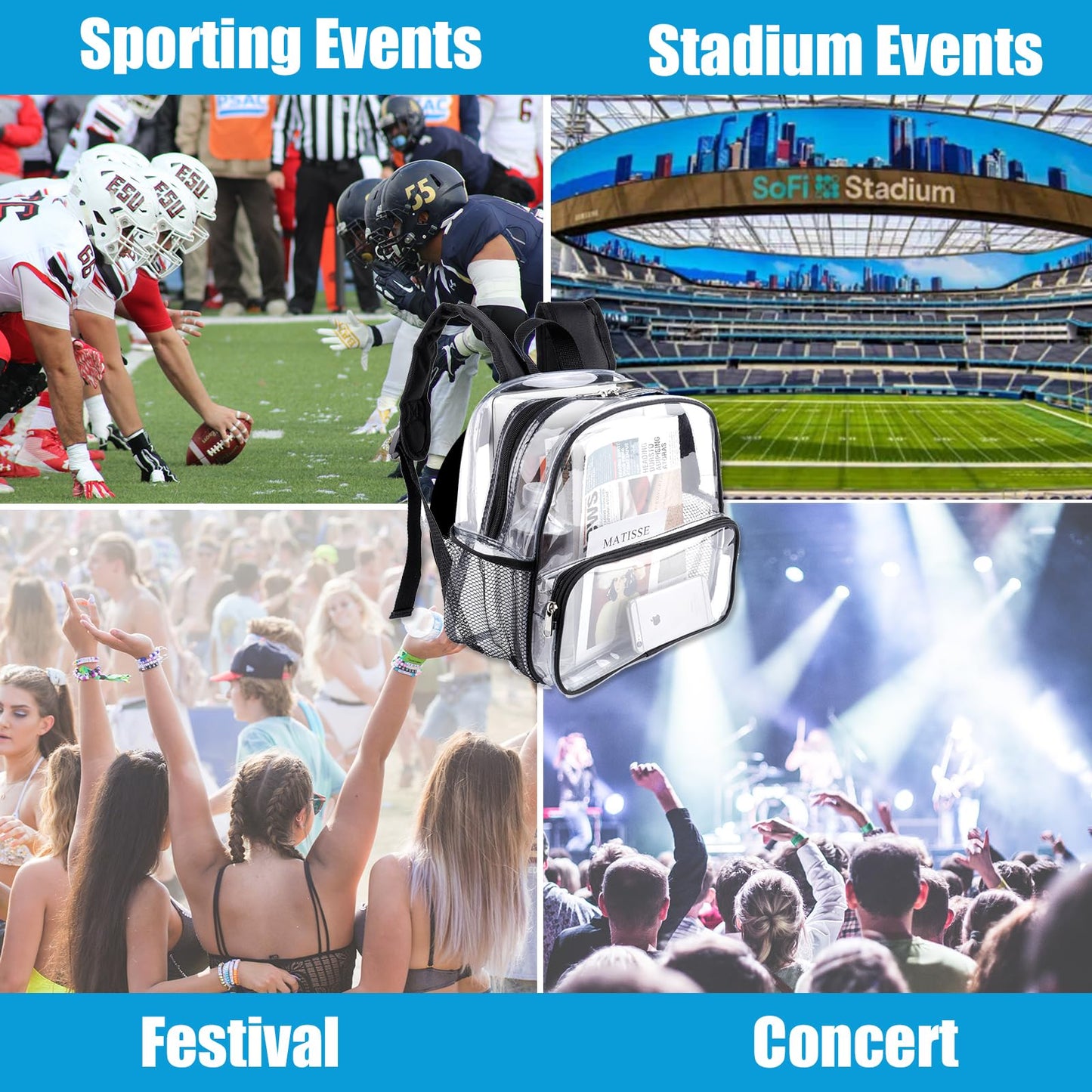 Crosstime Clear Backpack for Stadium Events 12x6x12, Stadium Approved Transparent Bag with Reinforced Straps for Sports, Games, Concerts, Festivals