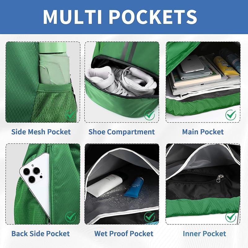 Drawstring Gym Backpack with Shoes Pocket - Dark Green, Large