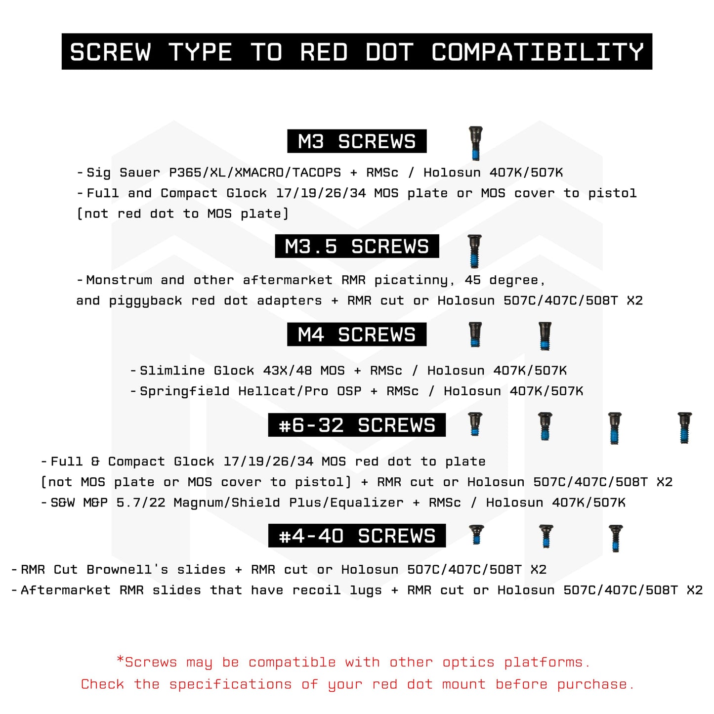 Monstrum Red Dot Screws for RMSc / 407K/507K | M3, M4, and #6-32 | Compatible with Glock 43X/48 MOS/Hellcat OSP with Plate/Sig P365/XL/S&W Smith and Wesson M&P 5.7/22 Magnum/Shield Plus/Equalizer