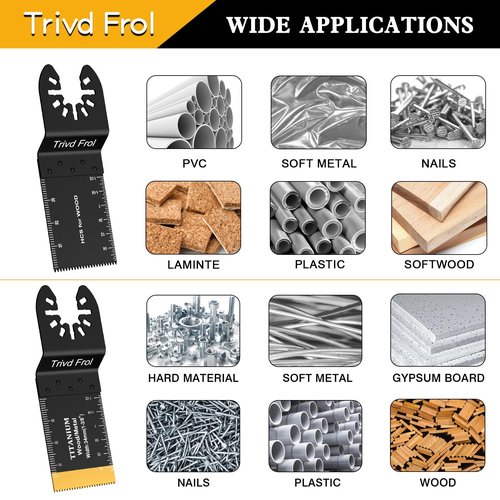 Trivd Frol 100PCS Oscillating Saw Blades, Professional Universal Titanium Multitool Blades for Wood Plastics Metal, Quick Release Multi Tool Blades Kits Fit Dewalt Ryobi Milwaukee Rockwell Fein