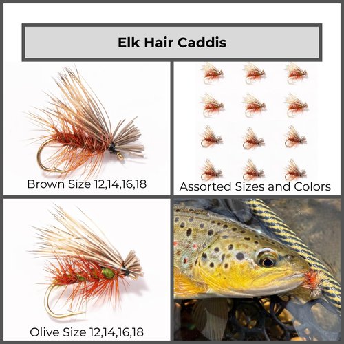 Floating Feather Supply Elk Hair Caddis Dry Fly 12 Pack Brown and Olive - Hook Size 12-18, Flies for Fishing Trout Assortment, Fly Fishing Accessories, Floatant Hackle (6X (Olive, Brown), 14)
