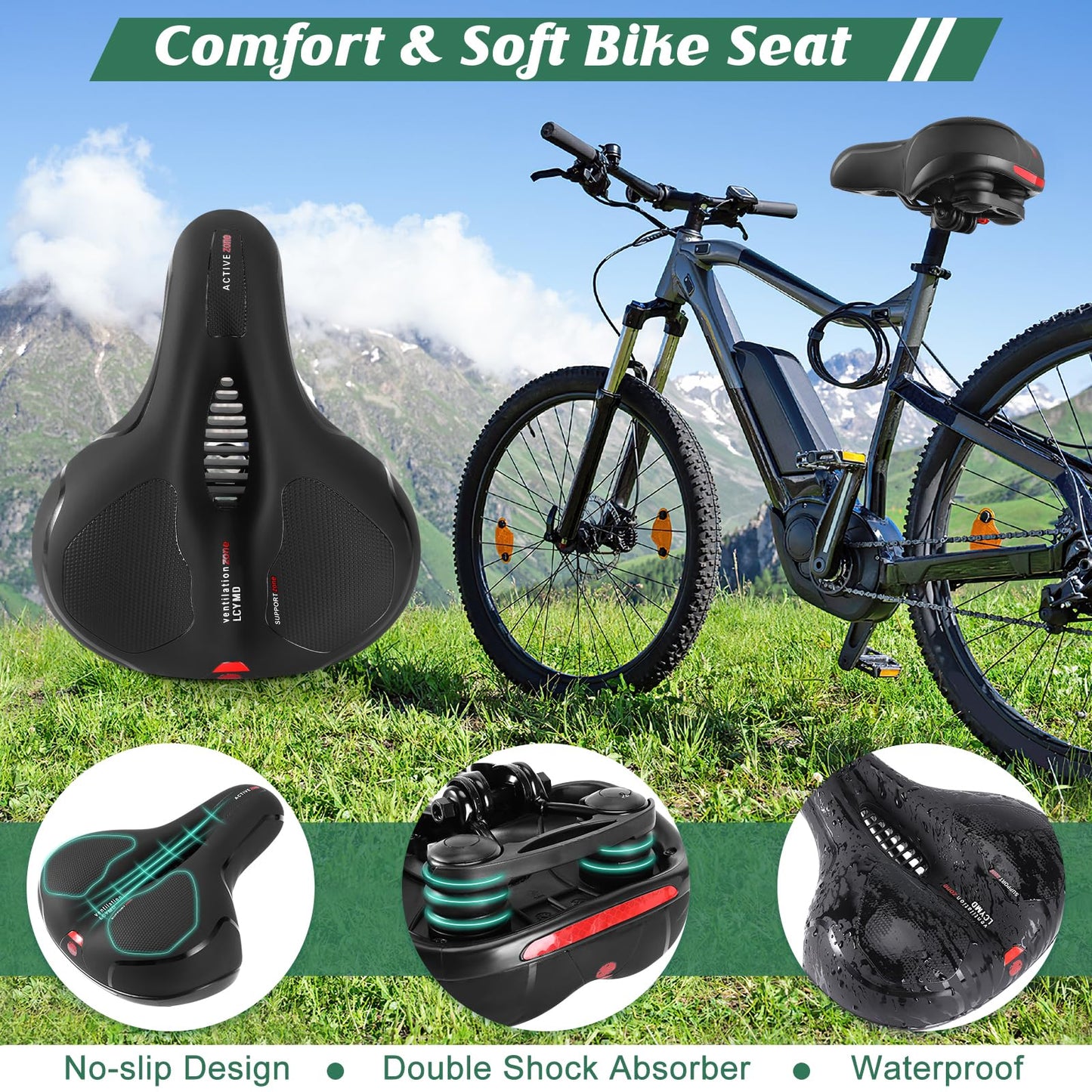 Comfortable Seat Cushion for Men Women with Dual Shock Absorbing Ball Memory Foam Waterproof Wide Bicycle Saddle Fit for Road Bikes