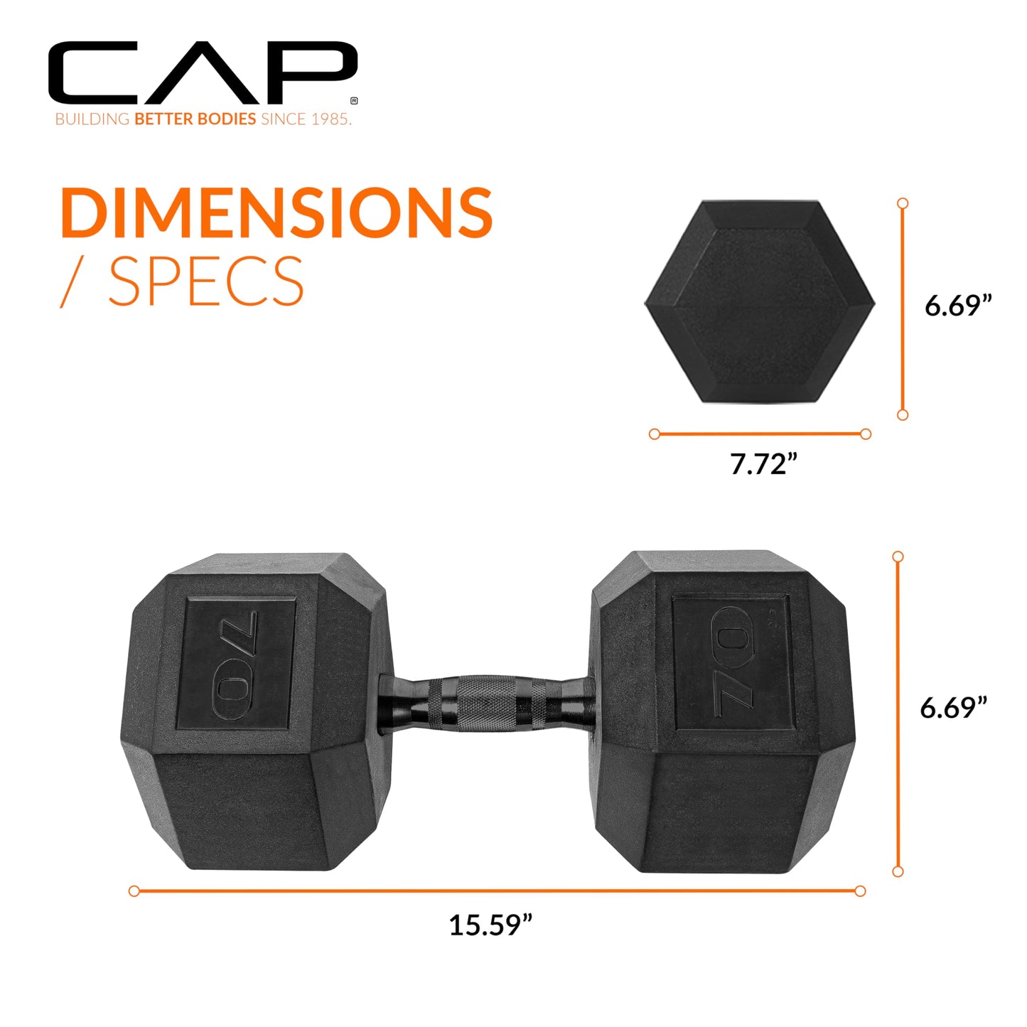 CAP Barbell 70 LB Coated Hex Dumbbell Weight with Black Handle