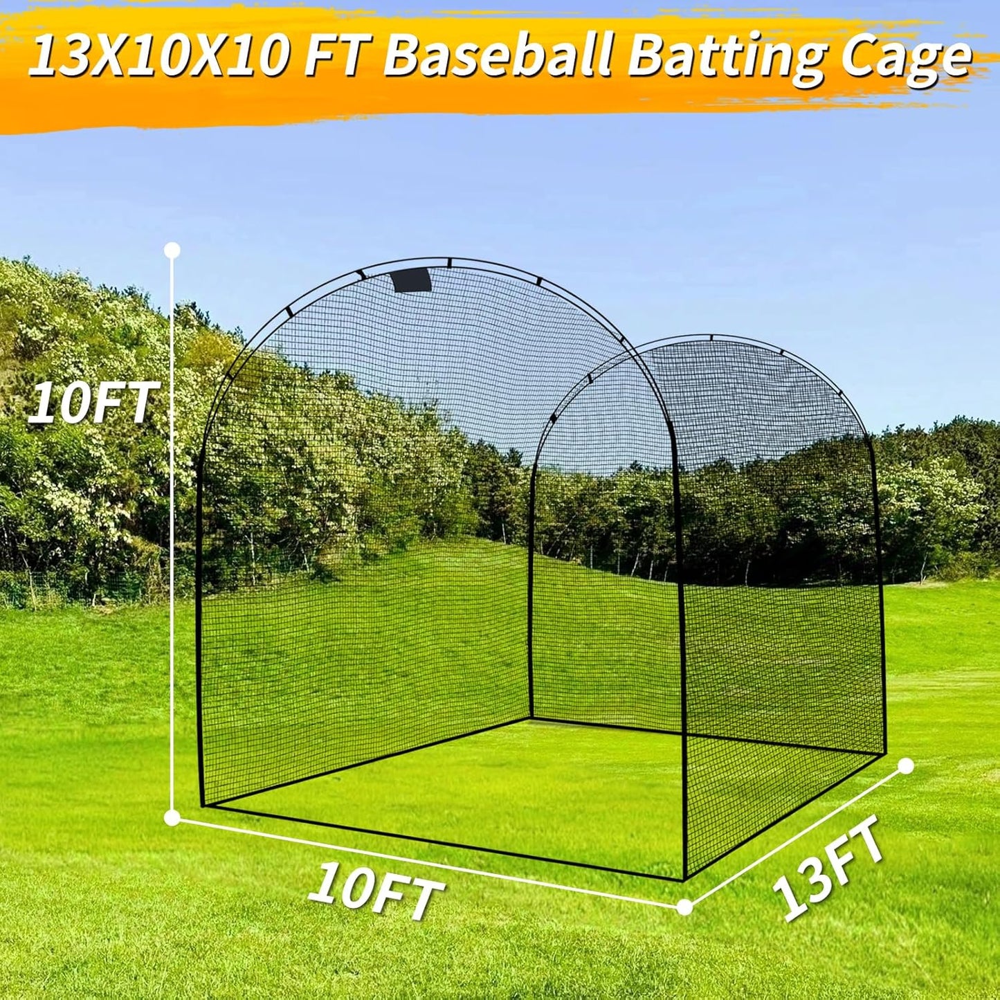 13×10×10FT Baseball Softball Batting Cage, Black Portable Batting Cages for Backyard Outdoor Pitching Practice Net