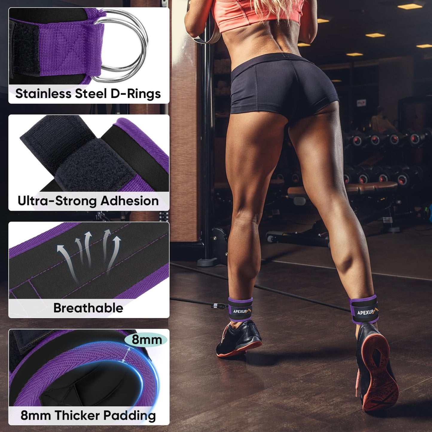 APEXUP Ankle Strap for Cable Machine, Ankle Resistance Bands, Cable Kick Back Straps for Gym, Glute Workouts, Leg Extensions, Adjustable Straps with Neoprene Padding (Pair, Black+Purple)