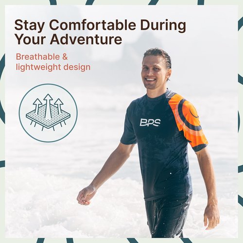 BPS Men's Short Sleeve Swim Shirt/Rash Guard with Sun Protection (Patterned Charcoal Orange, M)
