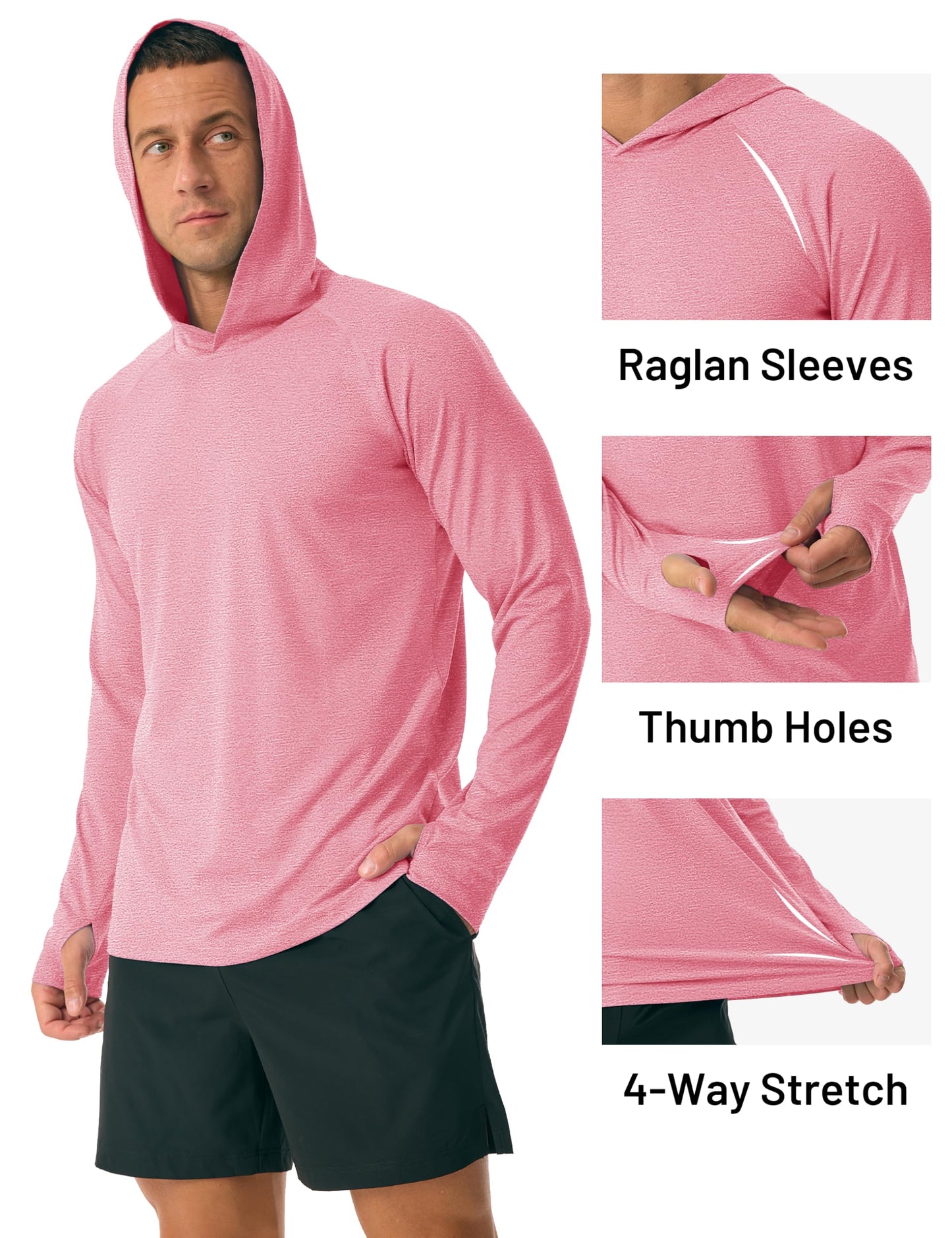 MAGCOMSEN UV Shirts for Men Long Sleeve SPF Sun Protection Hooded Shirt Lightweight Swim Fishing Athletic Tshirt for Summer Pink, S