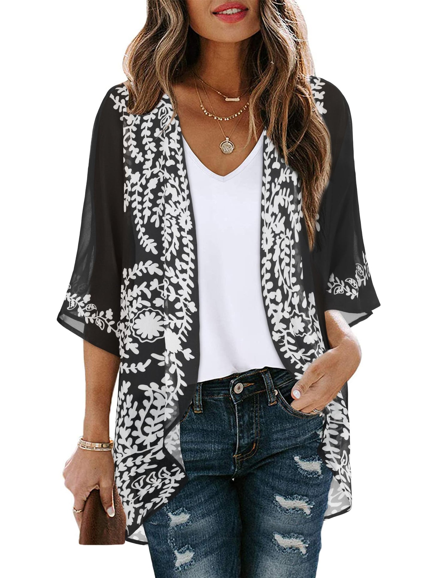 Womens Floral Kimono Cardigans Beach Cover Tops Loose Puff Sleeve Casual Blouse (C Black Flower, 3XL)