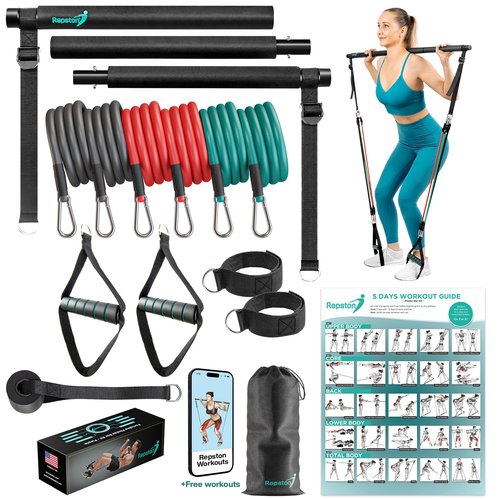 Repston Pilates Bar Kit with Resistance Bands - Home Gym Equipment - Workout Equipment for Women and Men - Pilates Equipment with Adjustable Resistance Bands (Straight, Black)