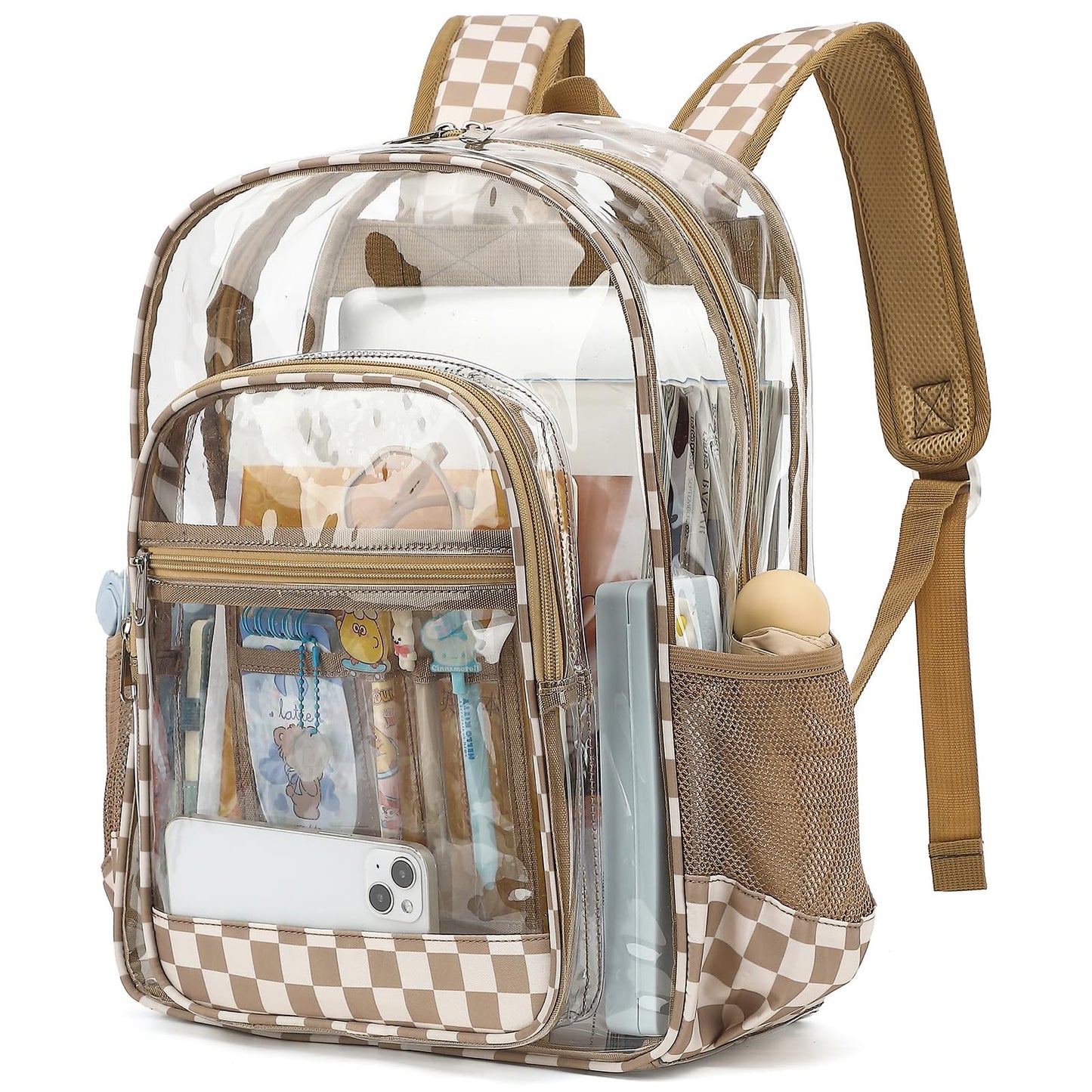 Dezcrab Clear Backpack for School Girls Boys, Heavy Duty Transparent Backpack Kids See-Through Clear Bookbag (Checkered Khaki)