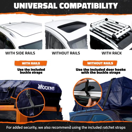 Mockins 30 CuFt Navy Waterproof Rooftop Cargo Bag For Use With or Without Roof Rack | 60"x43"x20" Vinyl Car Rooftop Cargo Carrier Bag | Car Topper Luggage Carrier Waterproof Set w/Straps, Hooks & More