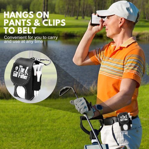 Golf Ball Bag Pouch with Golf Tee Holder Leather Golf Ball Pouch with Belt Clip Golf Ball Bag for Men and Women Storage Gift (Black(The Golf Father))
